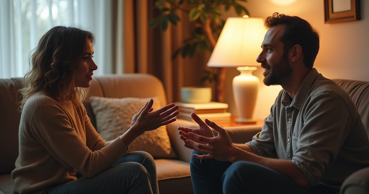 Two friends talking openly in a cozy living room, one listening intently 