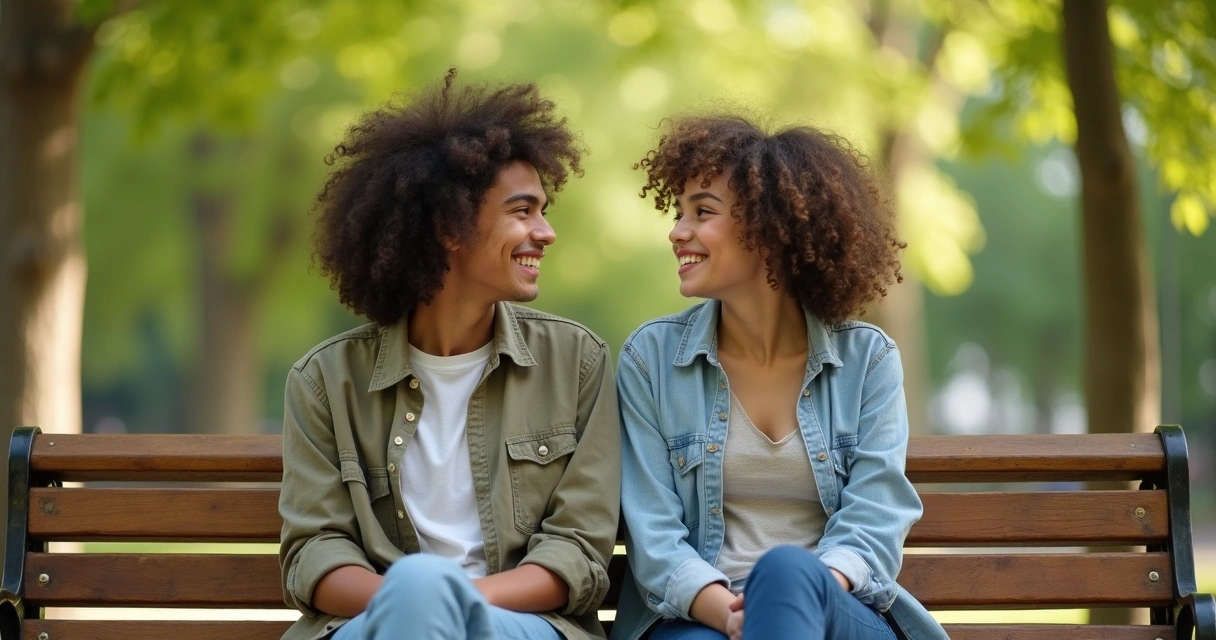 Two friends sitting on a park bench engaged in a thoughtful conversation under soft natural light