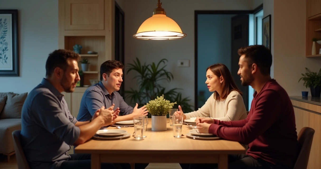 Friends sitting at dinner with visible social tension 