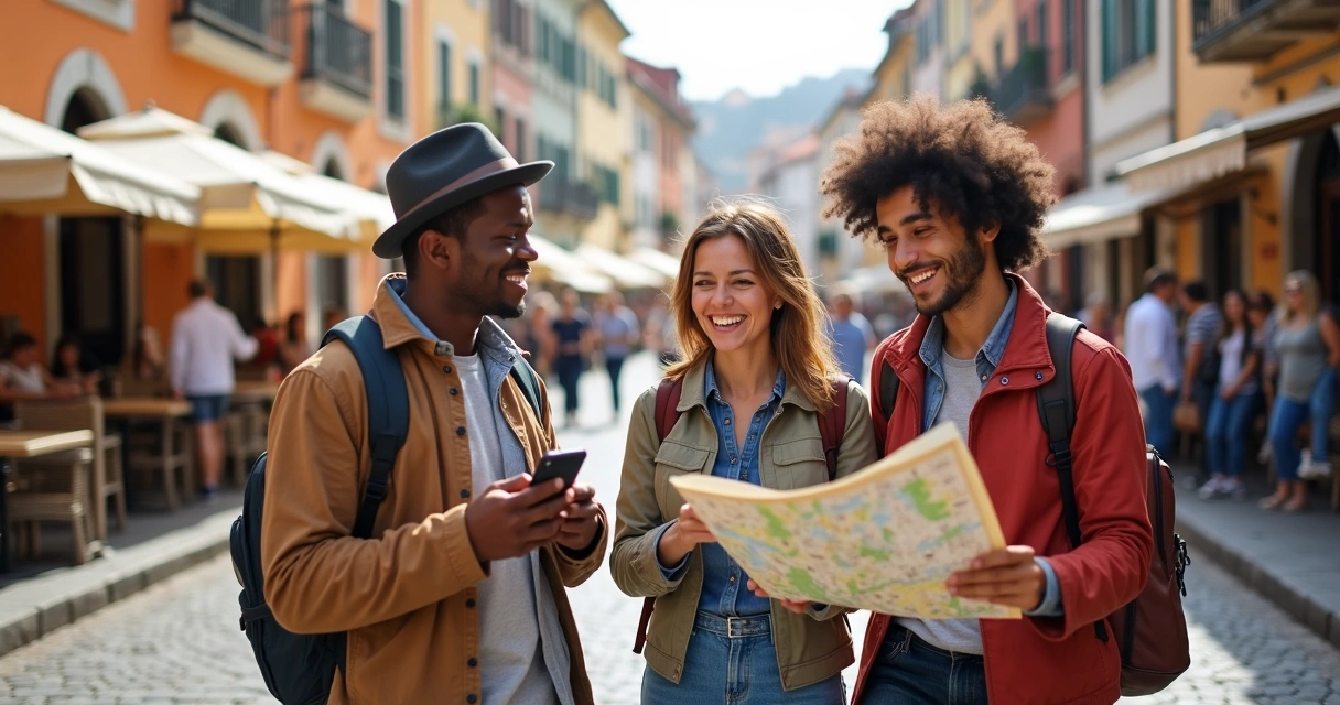 Group of friends laughing while looking at a city map 