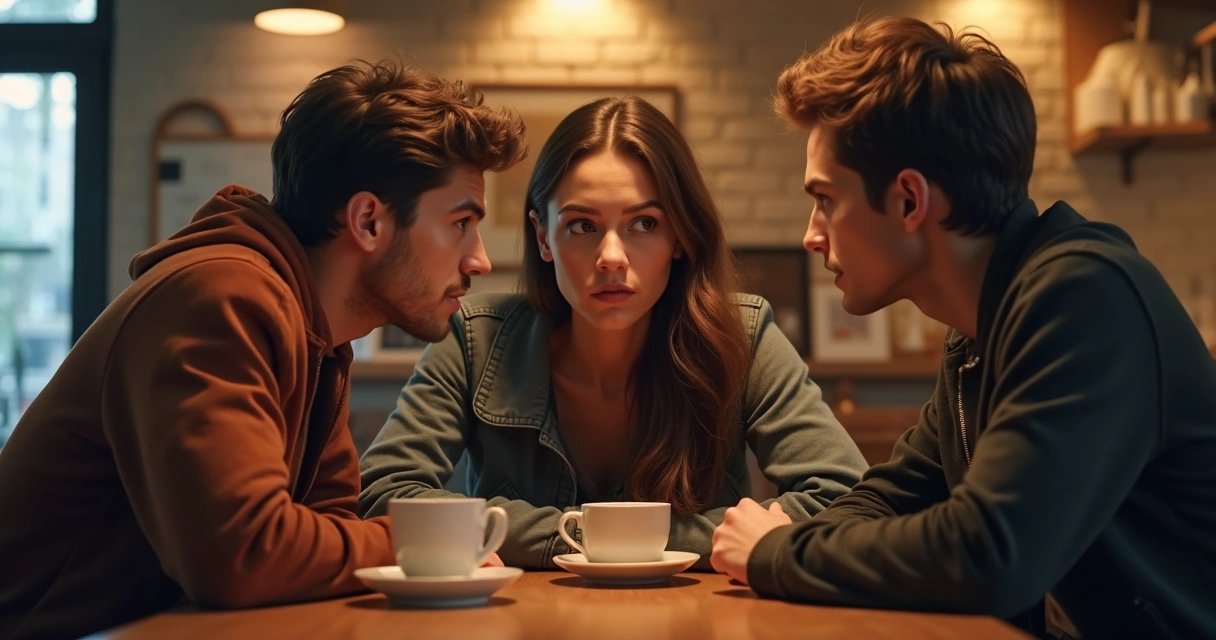 Three friends at a cafe with one whispering to another 
