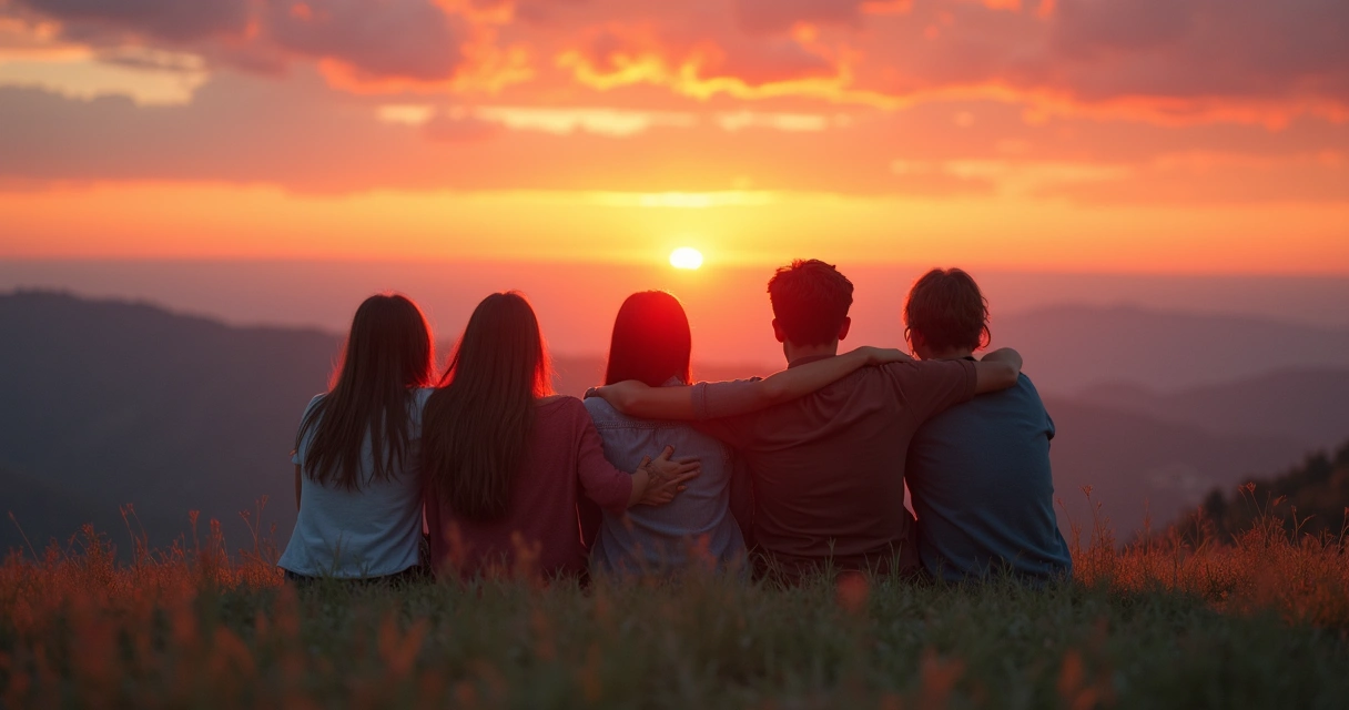 Friends watching sunset from hilltop 