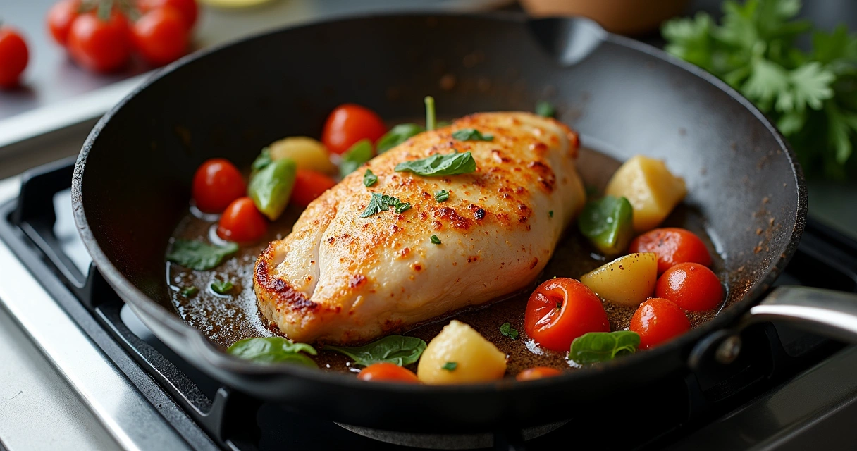 Frigideira funda de ferro com carne sendo dourada 