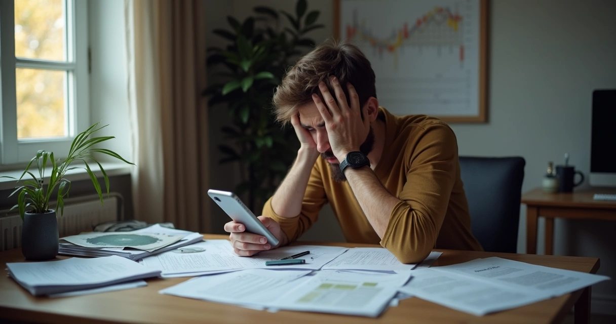 Freelancer olhando contas bancárias e anotações espalhadas