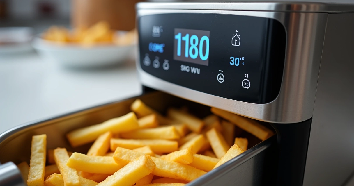 Display digital de uma fritadeira elétrica sem óleo moderna 