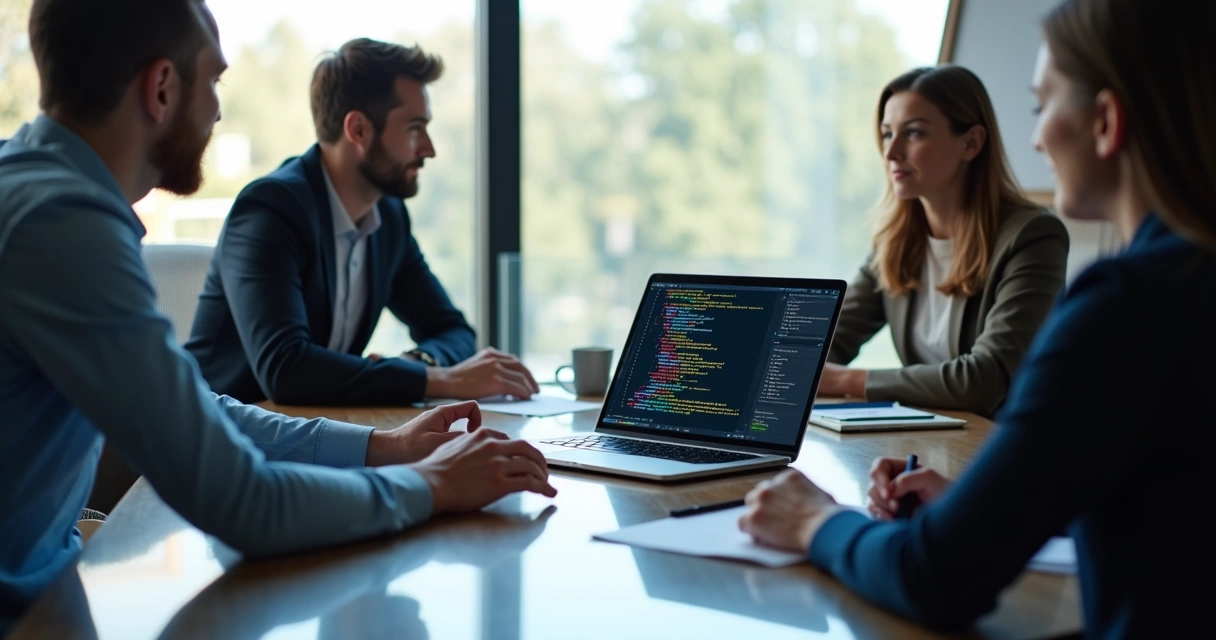 Interview panel reviewing frontend code on laptop 