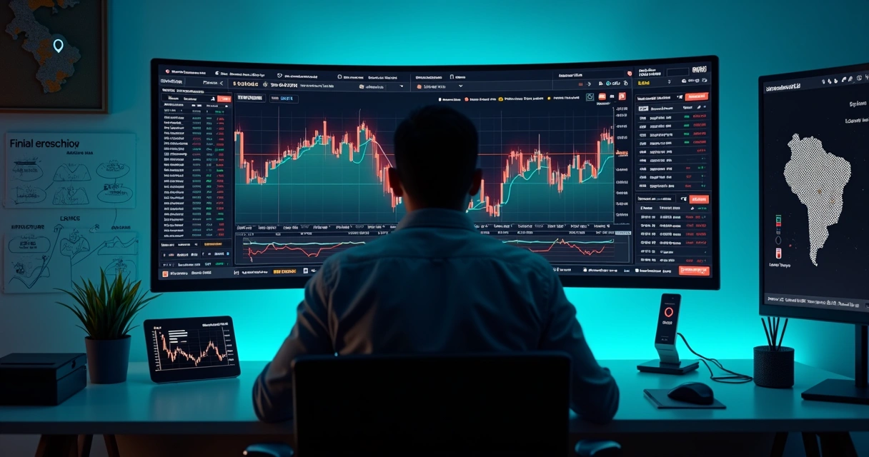 Trader analisando gráfico suspeito em mercado de previsão digital 