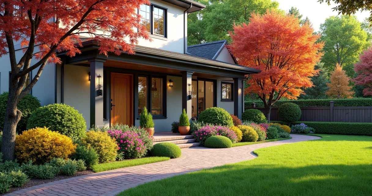 3D landscape render of front yard design with seasonal changes