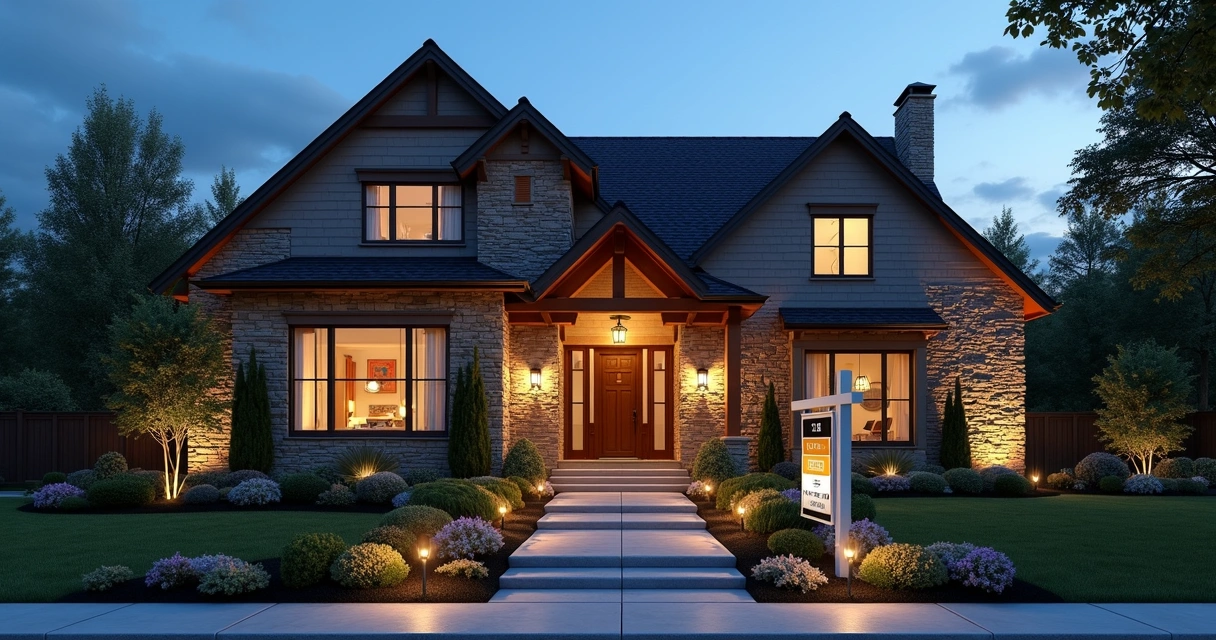 Modern home with front yard lighting and for sale sign 
