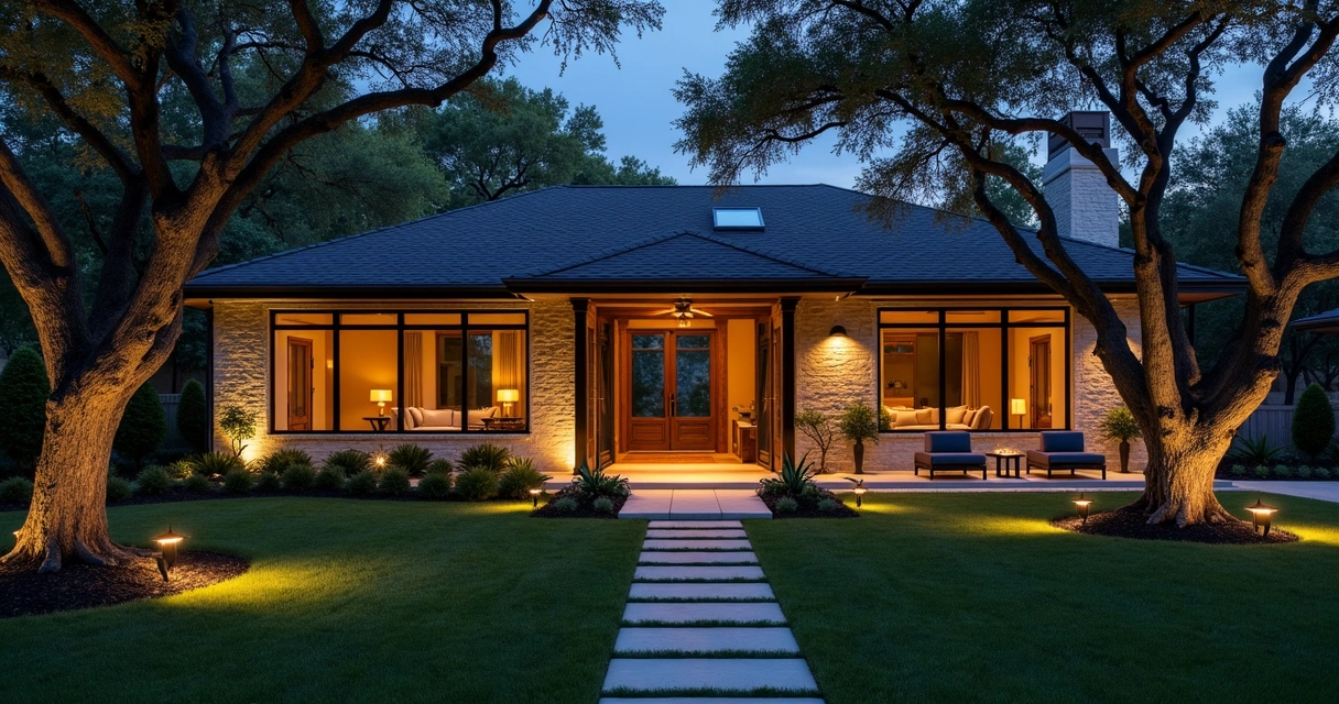 Modern front yard in Austin illuminated with landscape lighting