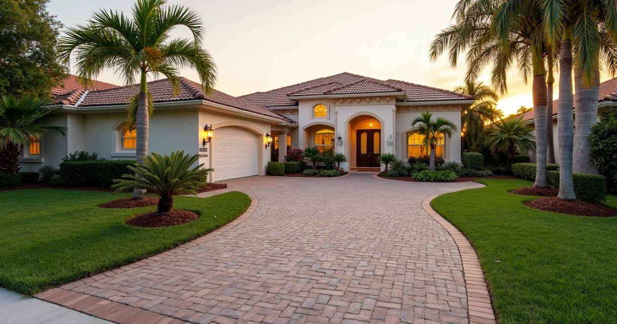 Front yard in Orlando with curved driveway paver layout and landscaping 