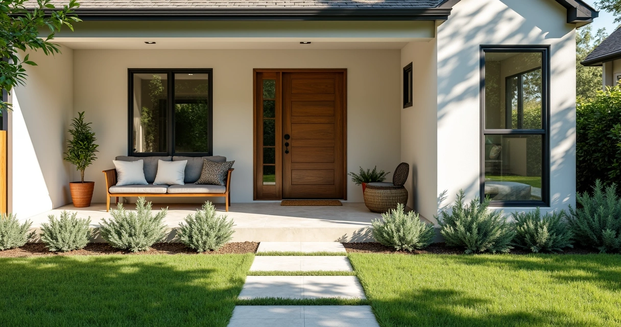 Staged front yard in Austin with modern seating and potted plants