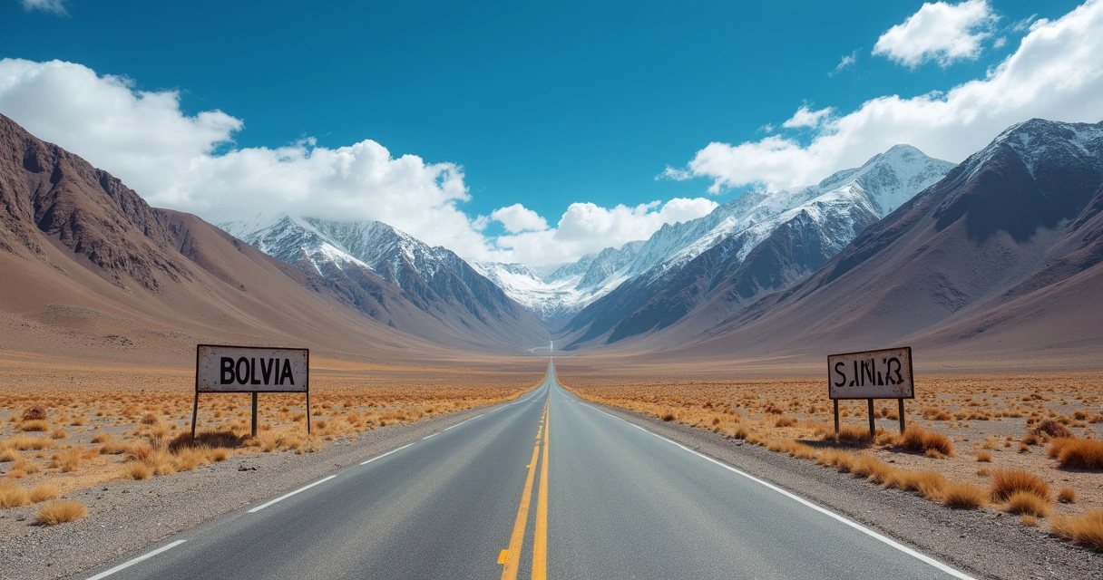 Paisagem de fronteira com cordilheira, estrada e marco binacional Bolívia-Chile 