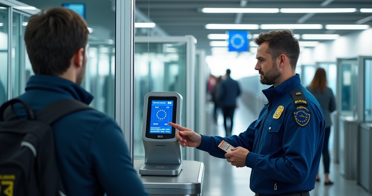 Agente europeu escaneando passaporte em fronteira moderna 