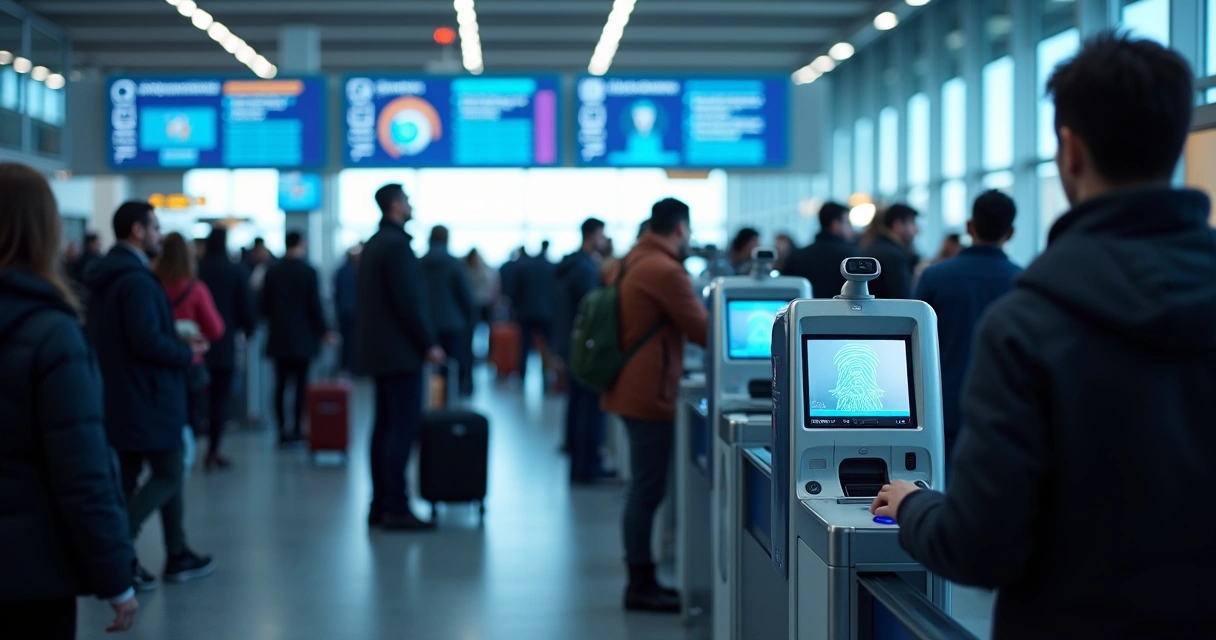 Passageiros em quiosques de biometria no aeroporto europeu 