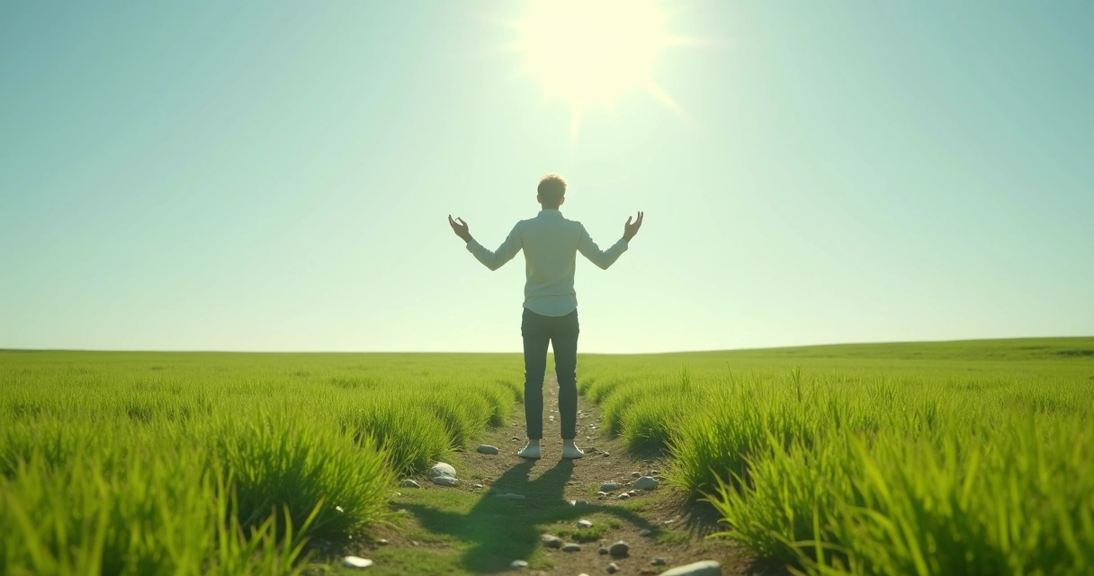 Pessoa em meio a um campo aberto, delimitando seu próprio espaço com gestos calmos 