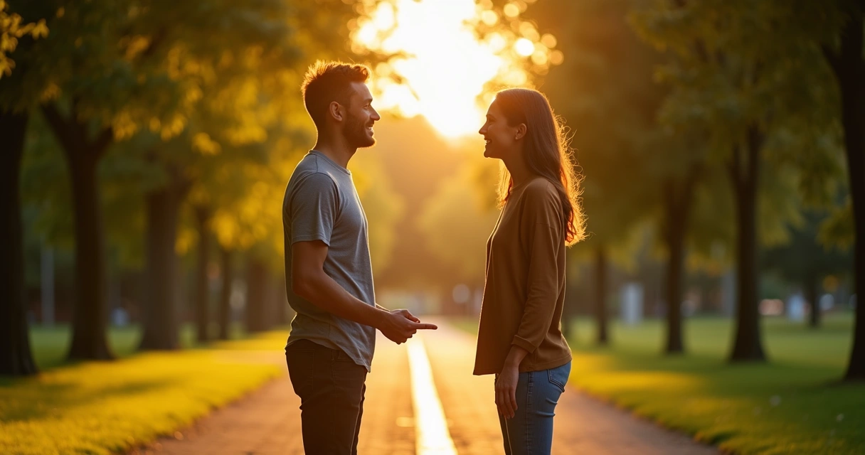 Duas pessoas em pé diante de linha luminosa suave em parque ao entardecer 