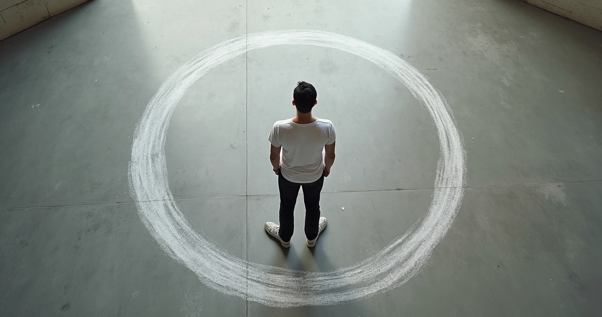 Pessoa desenhando linha em círculo com giz ao redor de si no chão 