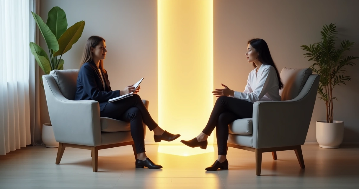 Coach e cliente sentados em poltronas separadas por faixa de luz suave 