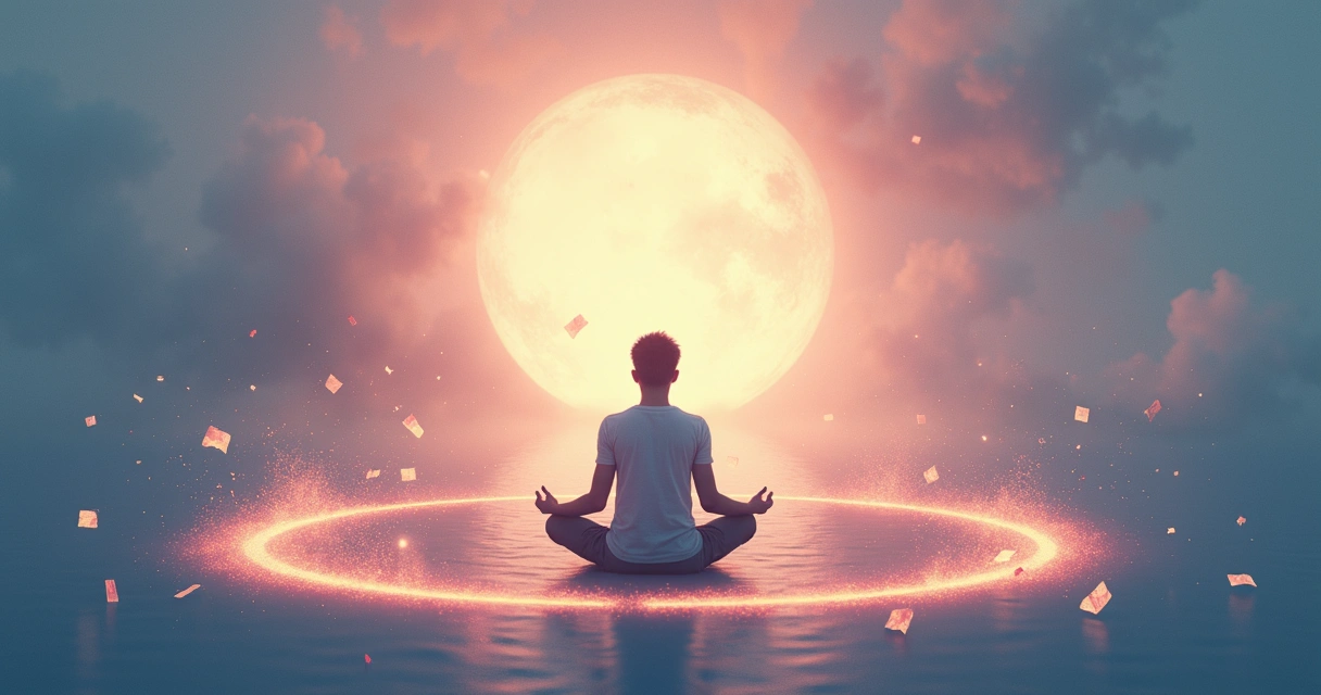 Ilustração de uma pessoa em paz cercada por uma fronteira sutil, representando limites emocionais internos. 