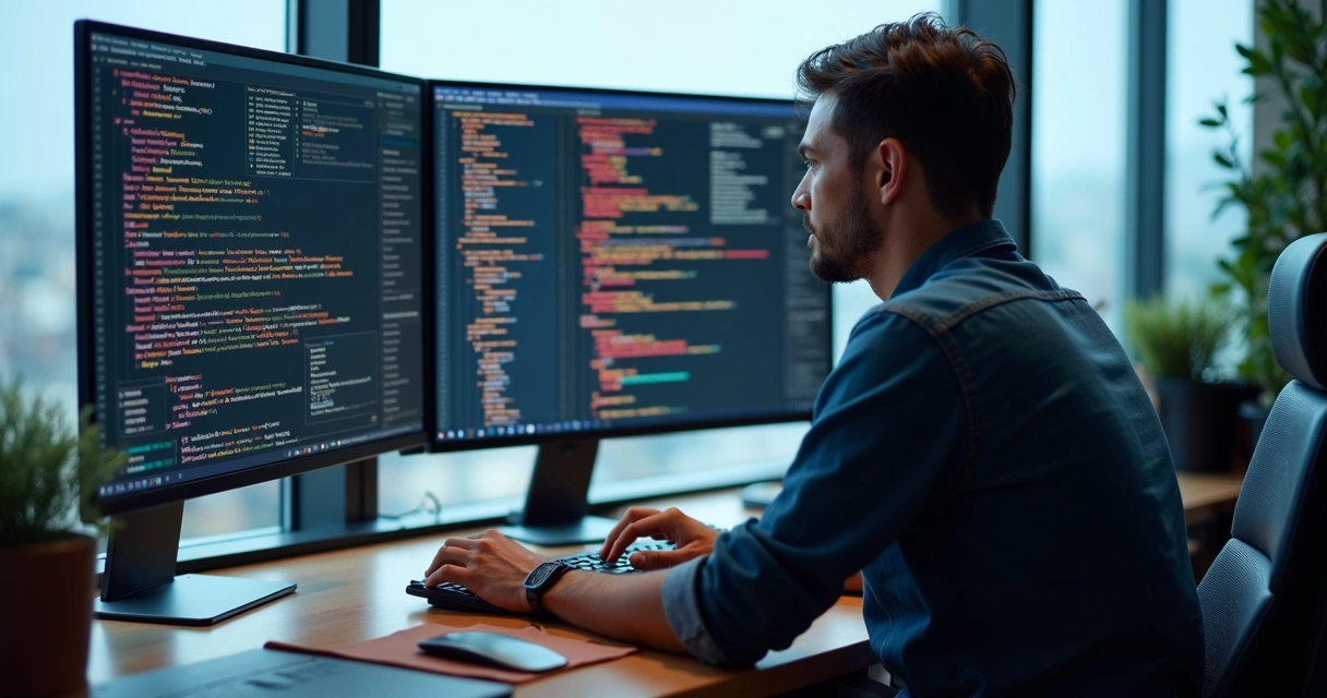 Frontend developer connecting code to multiple API sources on screen 