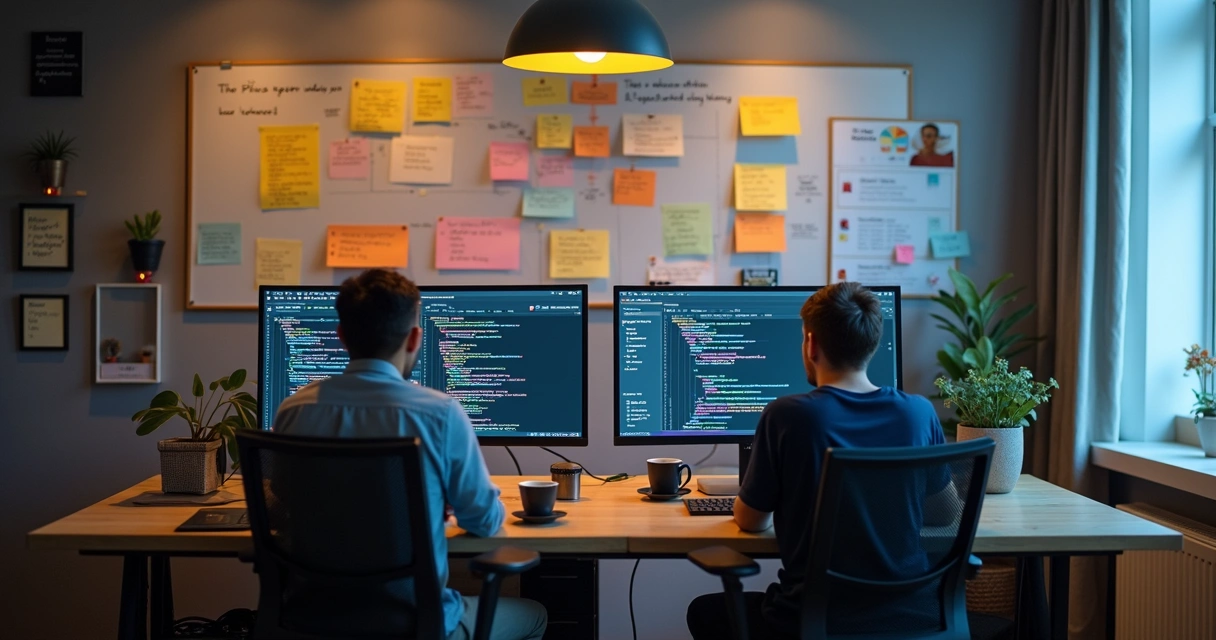Developers at multi-monitor workstations coding backend and frontend