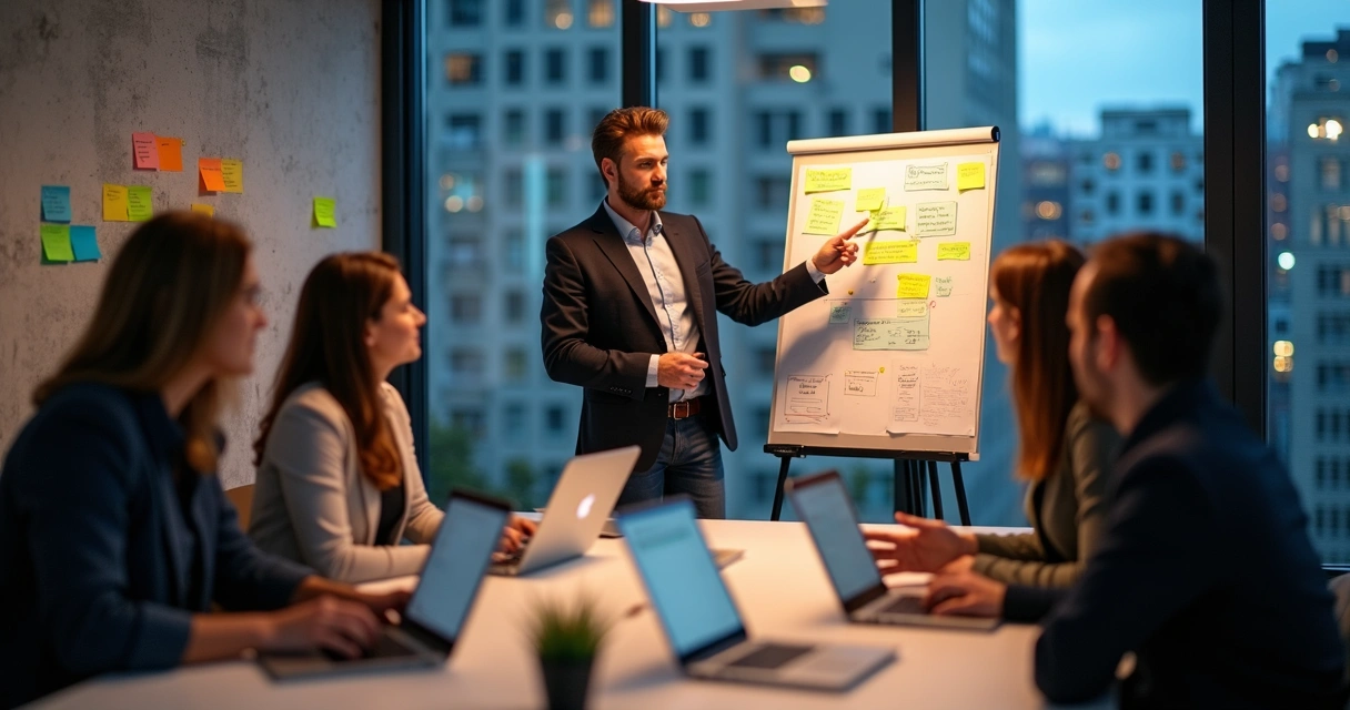 Frontend consultant advising a small startup team in office with whiteboard 
