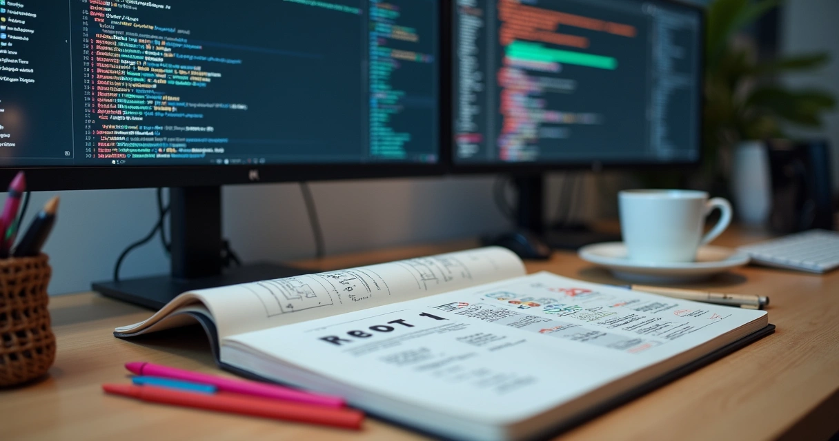 A developer desk with screens displaying React, Vue, and Angular logos, alongside design sketches 