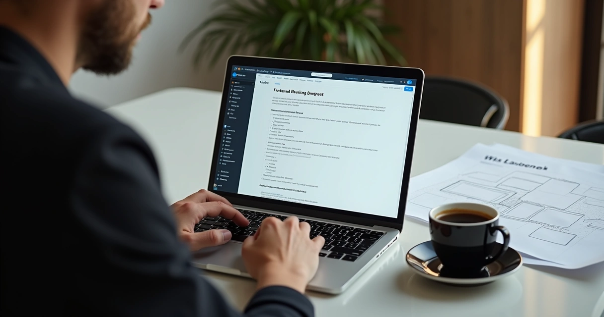 Hiring manager writing frontend job description on laptop with coffee and wireframes 