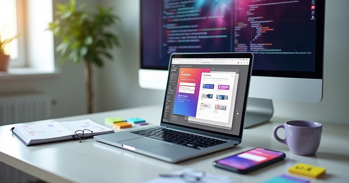 Tela de aplicativo no-code com foco em frontend exibida em notebook sobre mesa de trabalho 