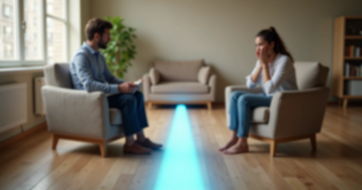 Persona sentada frente a otra separadas por una línea luminosa en medio 