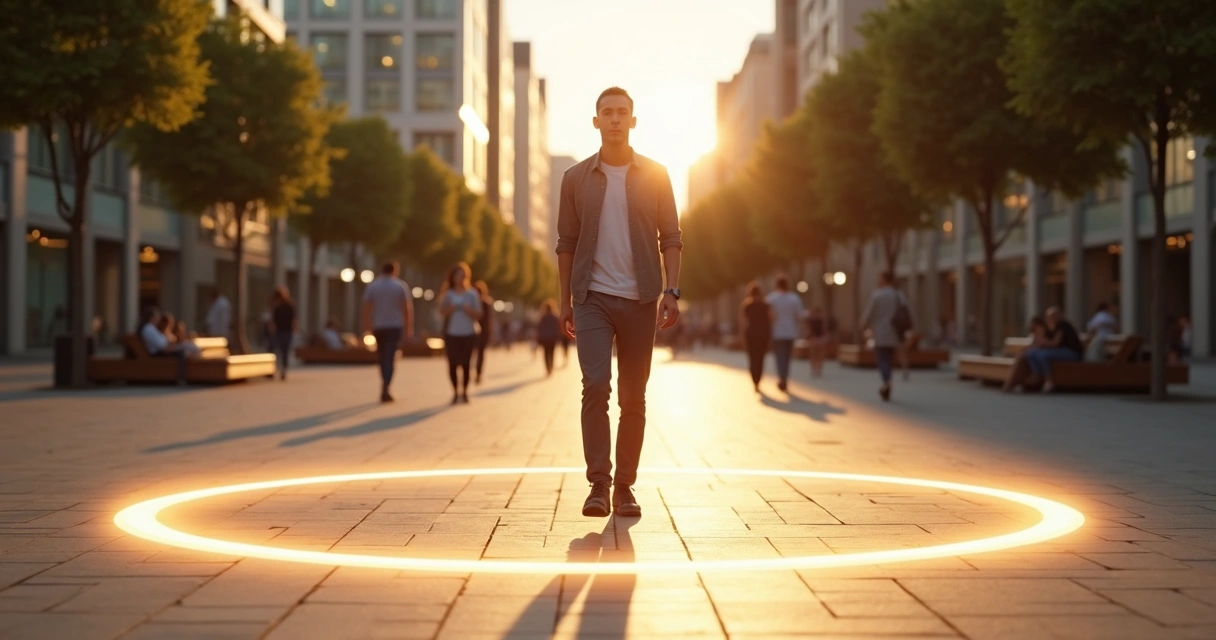 Persona rodeada por un círculo de luz delimitando su espacio personal en una ciudad 