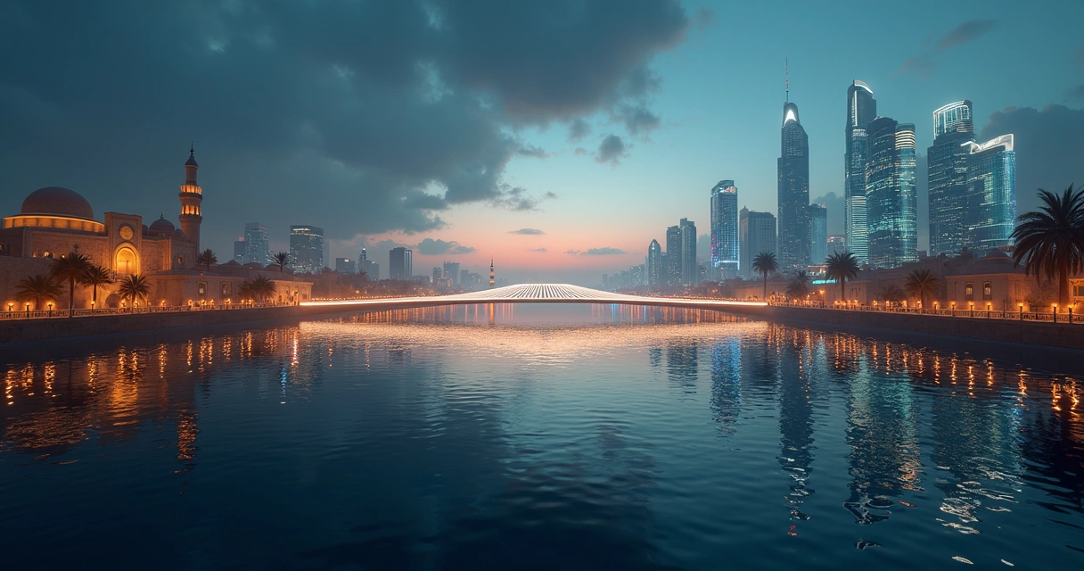 Dos ciudades contrastantes conectadas por puentes de luz sobre un río oscuro 