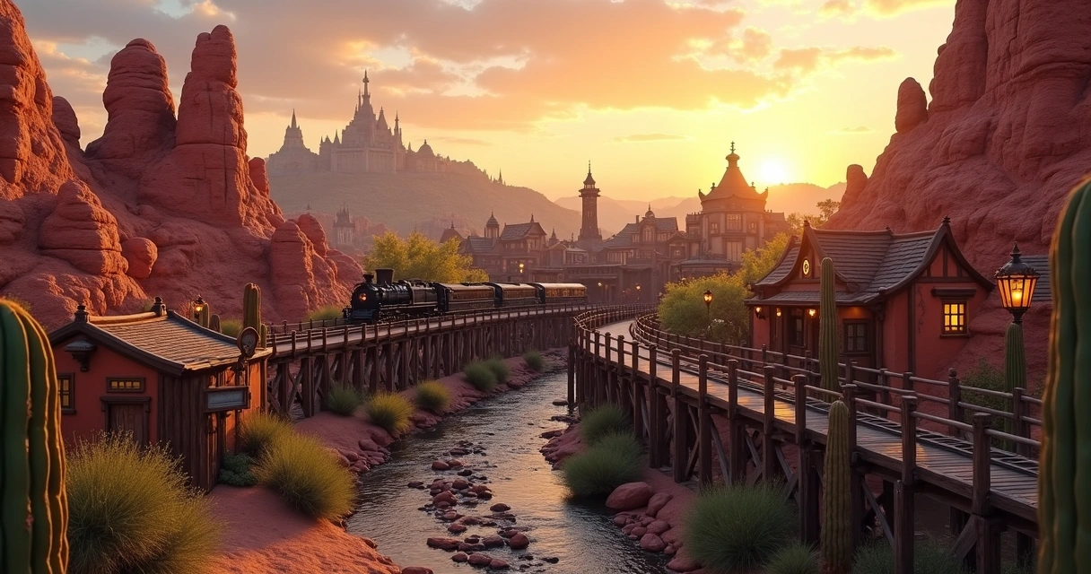 Frontierland com trilhos de montanha-russa e cenário de faroeste 