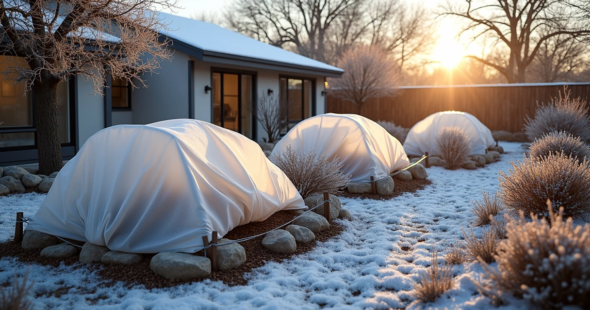 Frost cloth covering various plants in a backyard garden, anchored with rocks and supported by stakes