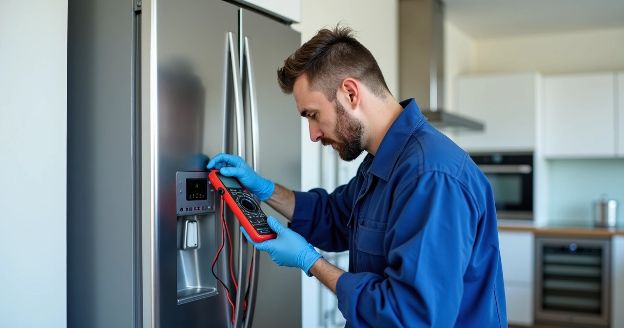 Técnico inspecionando geladeira Frost Free em cozinha moderna 