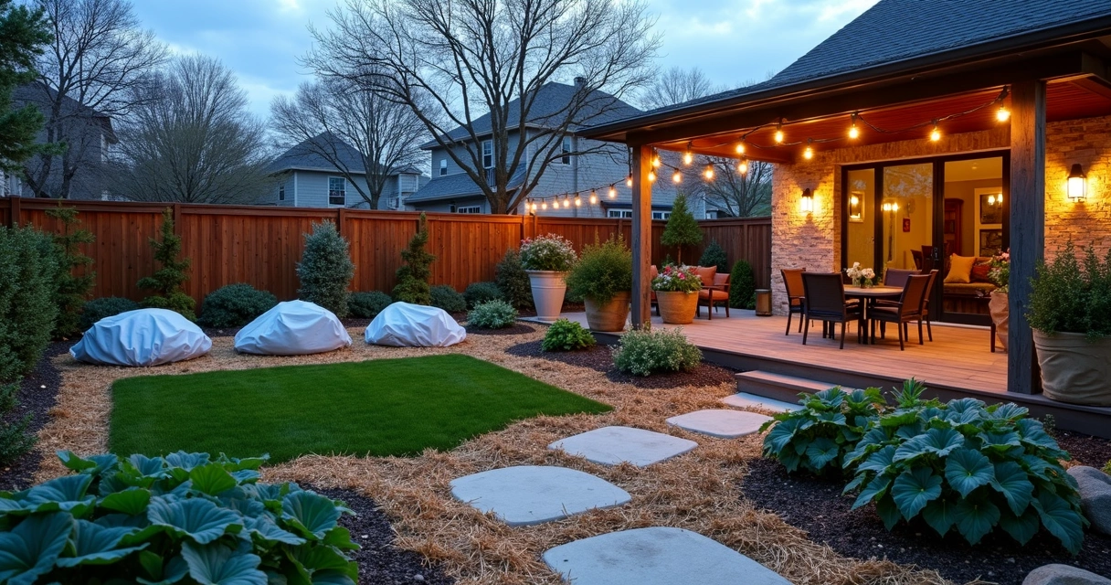 Garden beds protected with sheets and mulch before a freeze