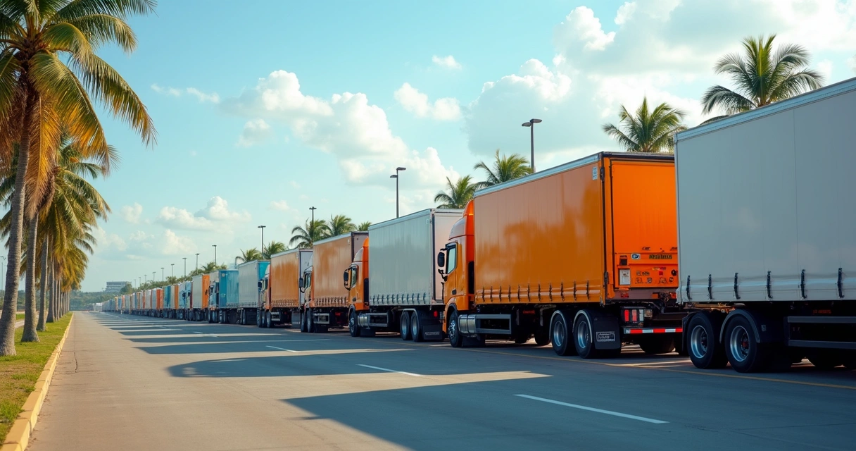 Fila de caminhões elétricos estacionados prontos para entrega 