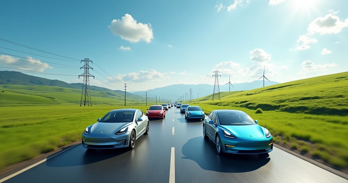 Frota de carros elétricos viajando por estrada entre campos 