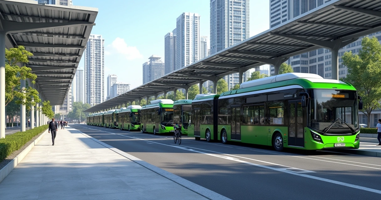 Frota de ônibus elétricos recuperando energia de placas solares urbanas 