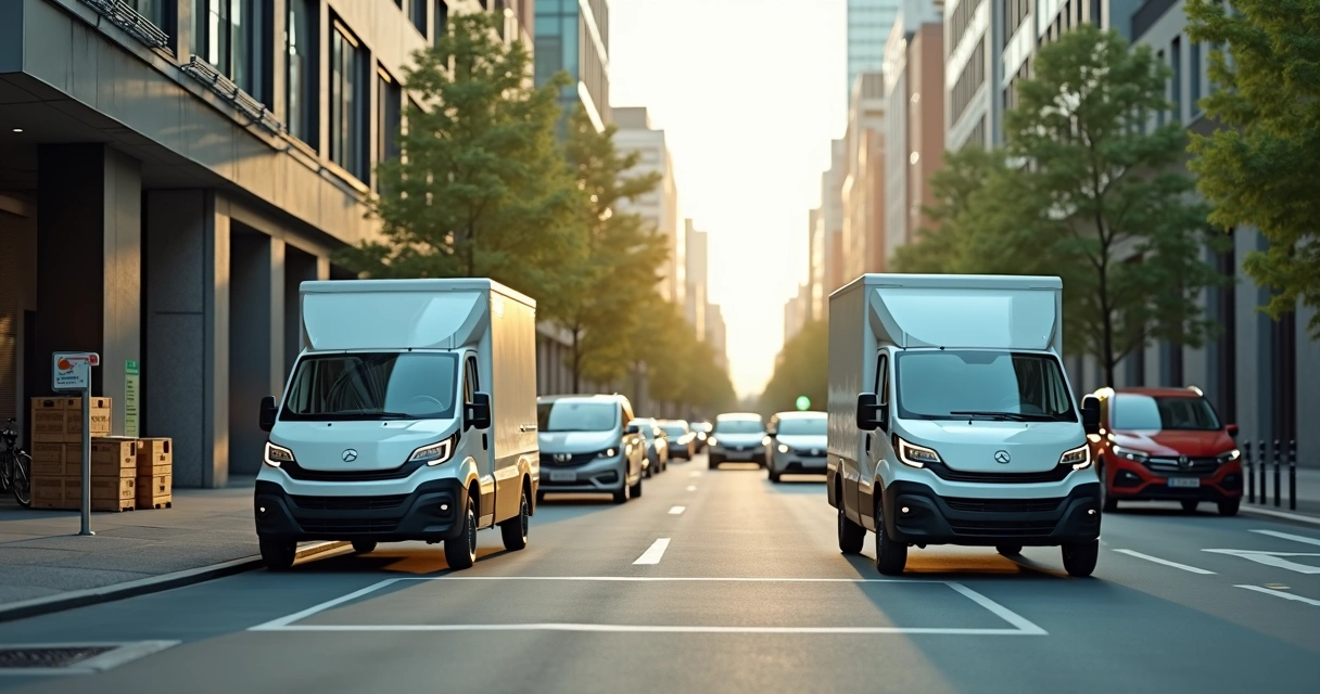 Vans elétricas em rua urbana com centro logístico 