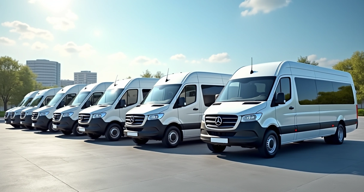 Frota de vans modernas estacionadas para transporte corporativo em dia ensolarado 