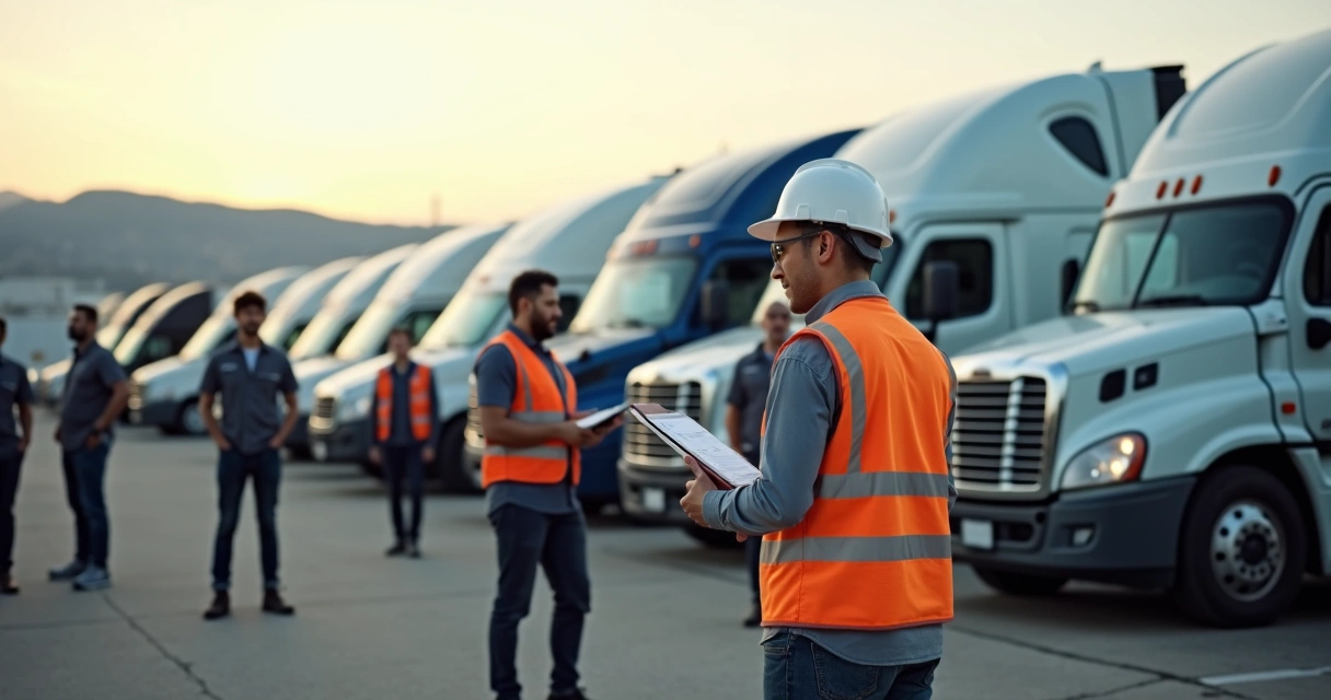 Gestor de frota orientando motoristas em área de estacionamento corporativo. 
