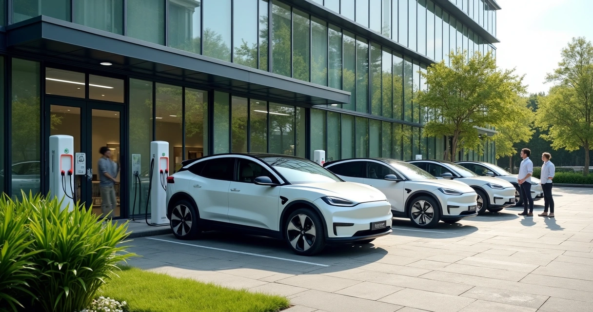Carros elétricos de empresa em estacionamento com pontos de recarga 