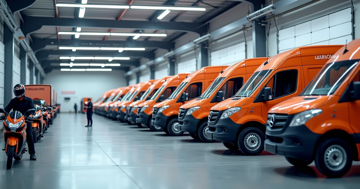 Frota de caminhonetes e motocicletas de empresa logística alinhadas em garagem 