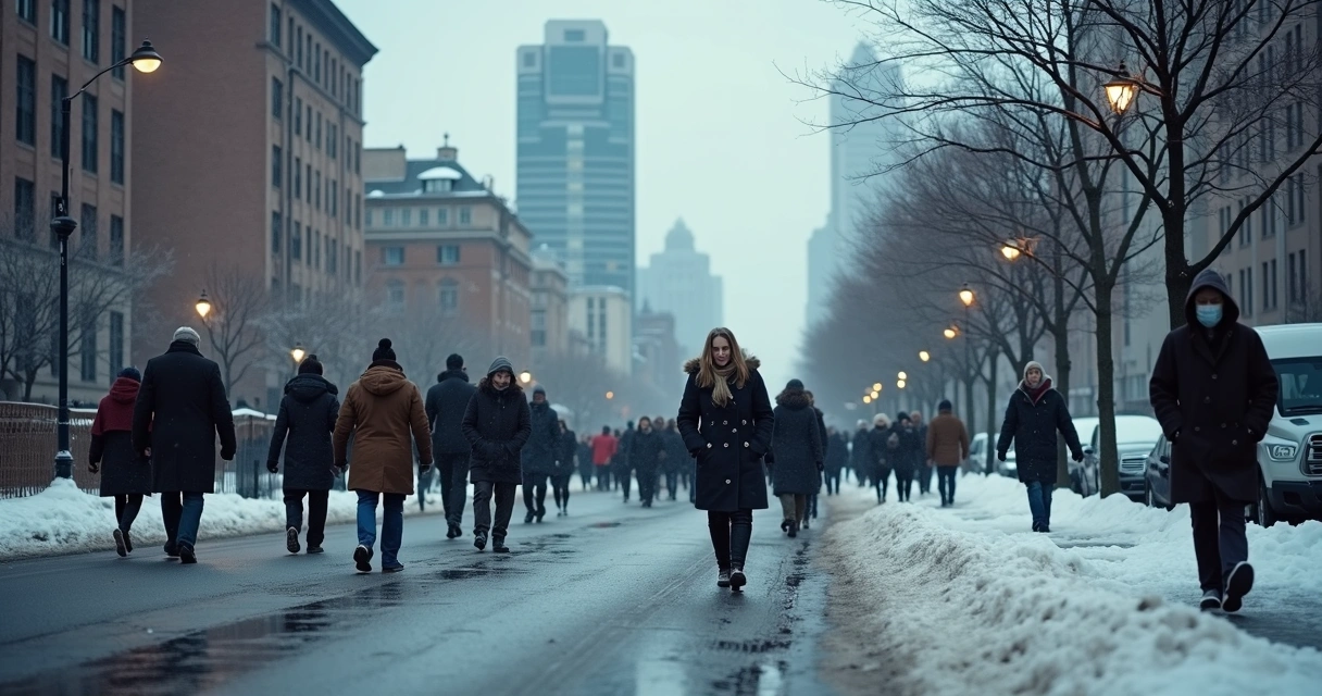 Urban scene with people walking past each other, avoiding interaction on a cold, gray day 