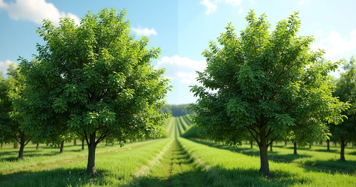 Organic orchard fruit tree showing before and after pruning 