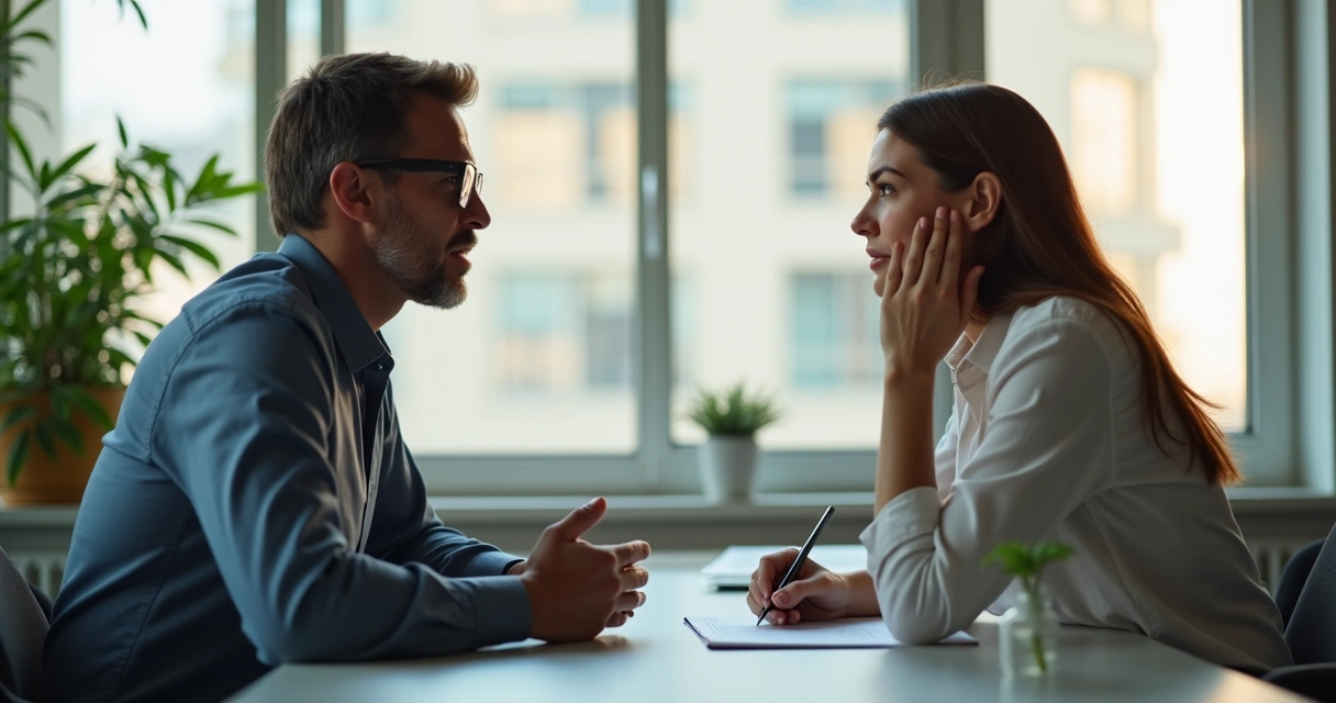 Duas pessoas conversando de frente, uma com expressão frustrada e outra demonstrando empatia, ambiente de escritório claro 