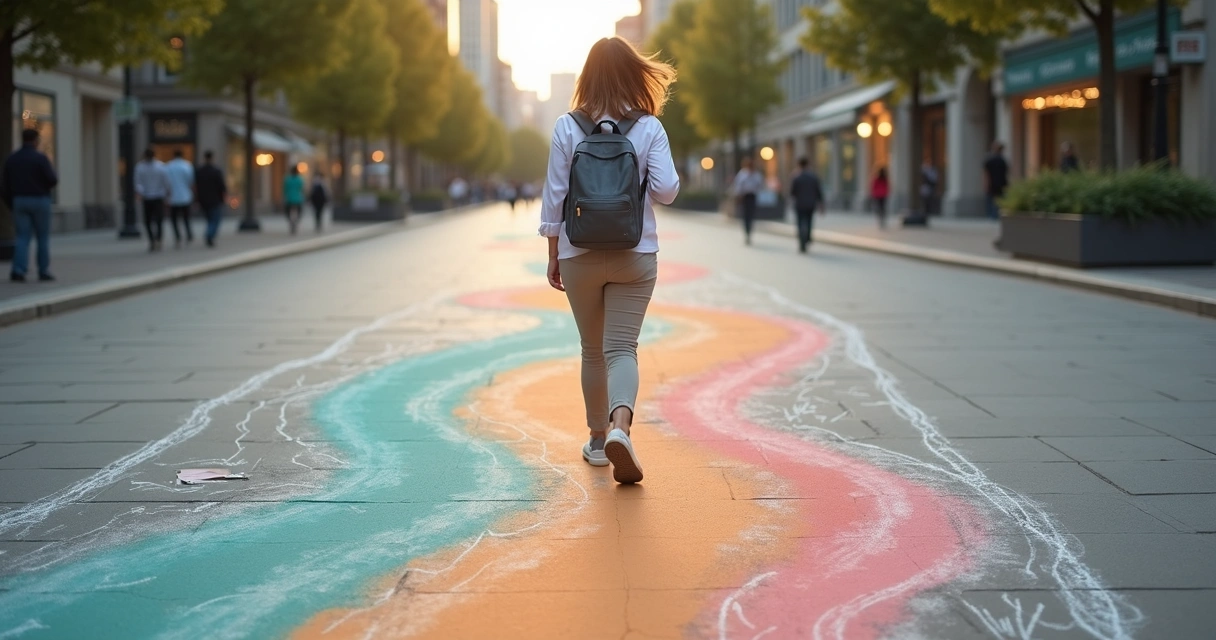 Pessoa caminhando em trilha urbana colorida deixando desenho cinza para trás 