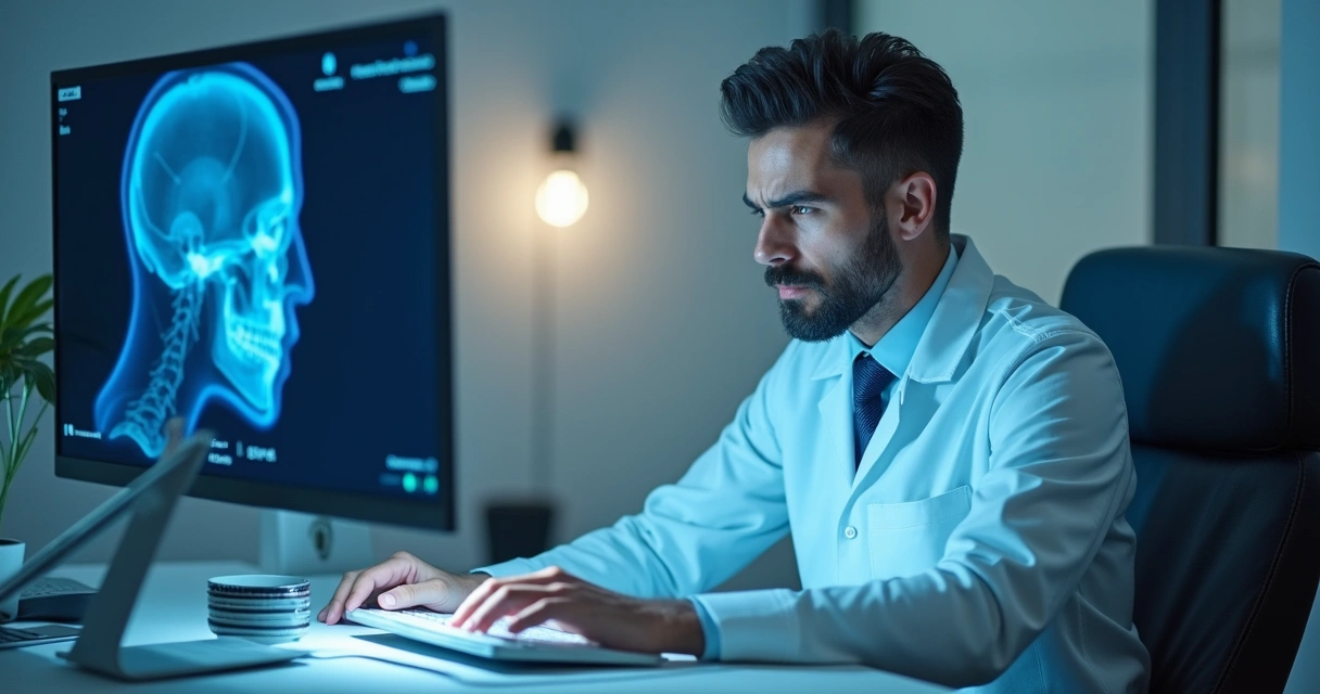 Dentista frustrado olhando para tela com mensagens de chatbot limitadas 